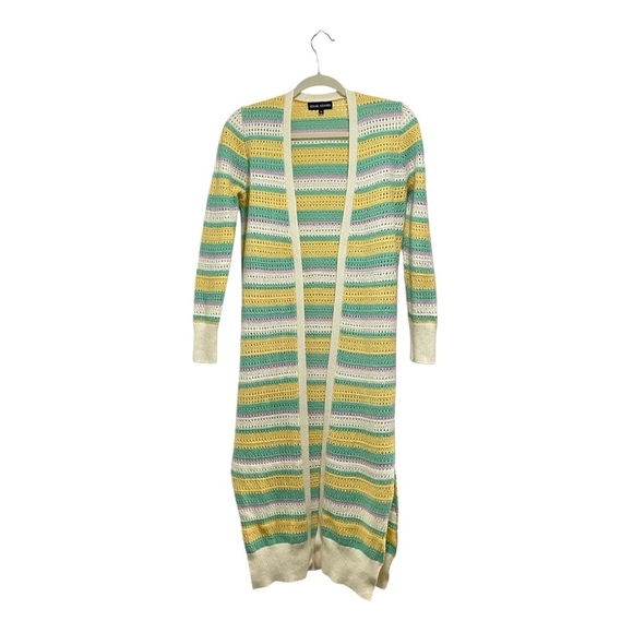 Izaak Azanei Long cardigan with multi-colored crochet stripe Cashmere Wool Blend - Picture 3 of 12